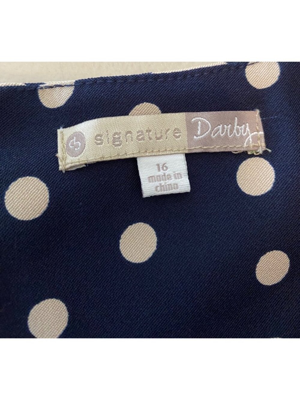 Signature By Darby Navy & Beige Polka Dot Sleeveless Dress With Belt Size 16 - Picture 4 of 10